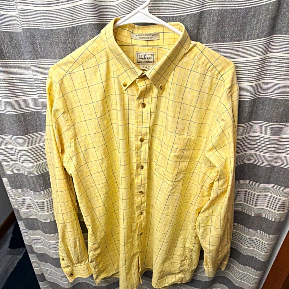 L.L.Bean Men’s Large Tall Yellow Blue Plaid Button Down Shirt Traditional Fit